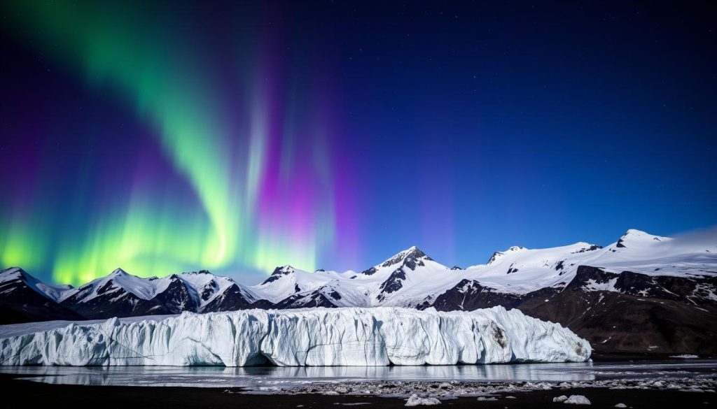 A breathtaking display of the Aurora Australis illuminates the night sky over the remote, rugged landscapes of the Southern Hemisphere. Shimmering curtains of vibrant green, purple, and blue hues dance across the heavens, casting an ethereal glow over the serene, snow-capped mountains below. In the foreground, a majestic, ancient glacier carves its way through the untamed terrain, its icy surface reflecting the mesmerizing celestial show above. The scene is bathed in a soft, diffused light, creating a sense of wonder and tranquility. This rare and captivating phenomenon, rarely witnessed outside the polar regions, offers a glimpse into the natural spectacle that occurs at the ends of the Earth.