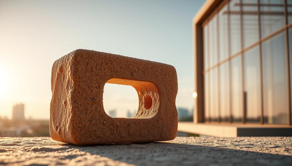A breathtaking eco-friendly brick, crafted from sand and bacteria, showcasing the future of sustainable construction. In the foreground, the brick's intricate texture and unique shape come into focus, bathed in warm, natural lighting that highlights its earthy tones. The middle ground reveals the brick's seamless integration into a modern architectural design, complementing the sleek, minimalist aesthetic. In the background, a serene urban landscape sets the stage, hinting at the widespread adoption of this revolutionary building material. The overall scene exudes a sense of harmony, balance, and environmental consciousness, perfectly capturing the essence of the "Revolução dos Tijolos Ecológicos na Construção Moderna".