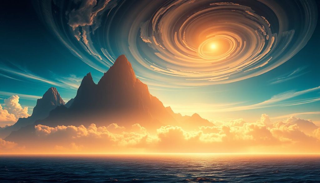 A breathtaking exoplanet landscape, Gliese 12b, discovered by astronomers. In the foreground, a serene ocean reflects the vibrant, alien sky, hinting at the planet's Earth-like qualities. Towering mountains rise in the distance, their peaks piercing an atmosphere of swirling, iridescent clouds. The warm, golden light of a distant binary star system bathes the scene, creating a sense of wonder and tranquility. The overall composition evokes a sense of discovery, as if the viewer is the first to witness this extraordinary world. Technical details: wide-angle lens, cinematic lighting, high dynamic range.