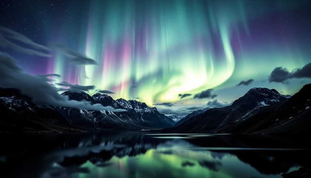A breathtaking vista of the Aurora Borealis, or "Southern Lights," dancing across the night sky over a remote, mountainous landscape in the Southern Hemisphere. Shimmering, multicolored ribbons of light undulate and pulse, casting an otherworldly glow upon the jagged peaks and valleys below. In the foreground, a serene alpine lake reflects the celestial display, creating a mesmerizing mirror effect. Wispy clouds drift through the frame, adding depth and texture to the scene. The composition is balanced, with the aurora's luminous spectacle commanding the center of attention. Crisp, high-contrast lighting and a cinematic, wide-angle perspective heighten the sense of awe and wonder. An ethereal, almost mystical atmosphere pervades the image, capturing the unexpected and captivating appearance of this natural phenomenon in an unexpected location.
