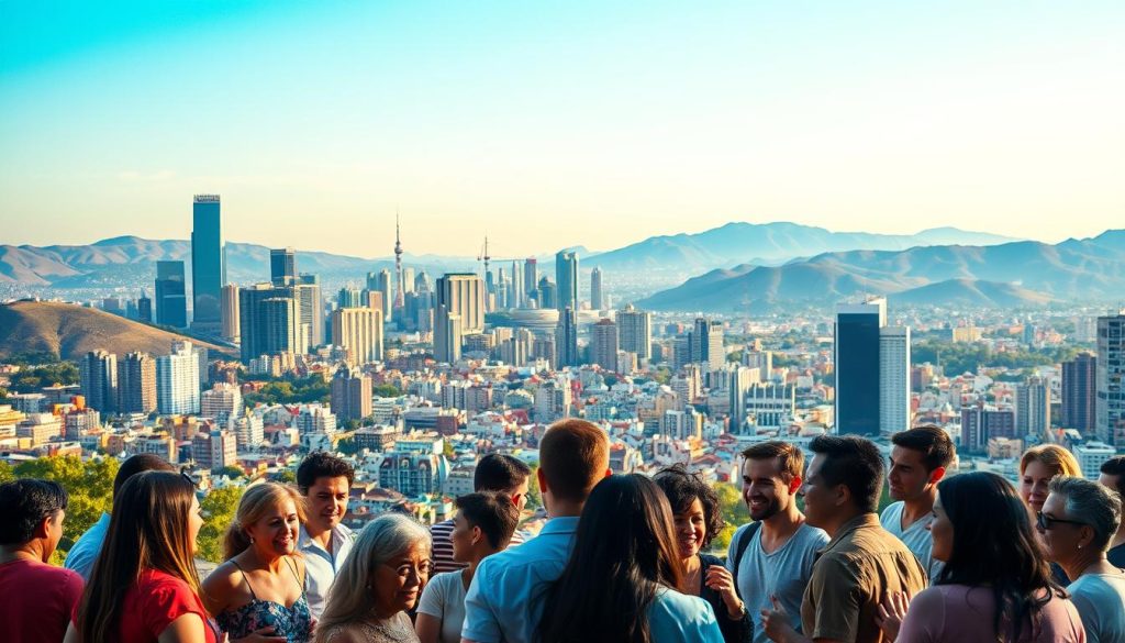 A bustling city skyline with towering skyscrapers and vibrant cityscapes, set against a backdrop of rolling hills and a clear, azure sky. In the foreground, a diverse group of people engage in lively conversation, their expressions warm and welcoming. The scene is illuminated by soft, diffused lighting, creating a cozy and inviting atmosphere. The overall composition conveys a sense of community, diversity, and a city that embraces its residents and visitors alike. The image should capture the essence of "Metodologia de Ranking de Cidades Acolhedoras" and the idea of "Cidades Mais Acolhedoras do Mundo Para Brasileiros".