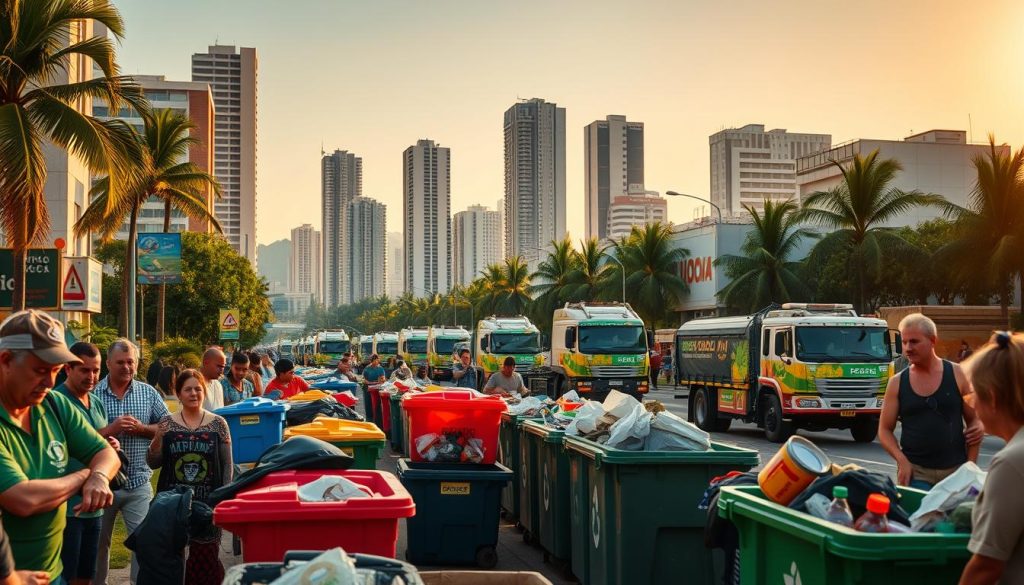 A bustling city street in Florianópolis, Brazil, showcasing a state-of-the-art recycling program. In the foreground, residents diligently sort their waste into color-coded bins, their expressions focused and determined. The middle ground reveals a fleet of specialized recycling trucks, their vibrant liveries adding a sense of efficiency and organization. In the background, towering high-rises and lush palm trees create a dynamic urban landscape, underscoring the city's commitment to sustainability. Warm, golden-hour lighting casts a soft glow, accentuating the harmonious interplay between the built environment and the recycling infrastructure. The overall scene conveys a sense of community pride and environmental consciousness, a testament to Florianópolis' innovative approach to waste management.