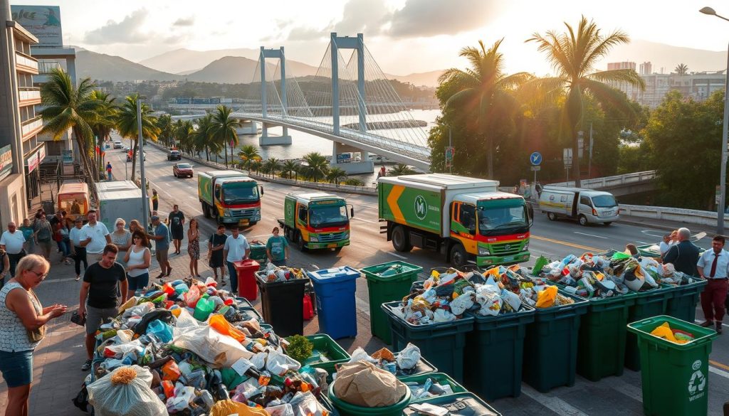 A bustling urban scene in Florianópolis, Brazil, where a cutting-edge "Zero Waste" program is in full effect. In the foreground, citizens sort and recycle an array of materials - plastic, paper, glass, and organic waste - into color-coded bins. In the middle ground, a fleet of modern, eco-friendly waste collection vehicles navigates the streets, transporting the recyclables to state-of-the-art processing facilities. In the background, the picturesque Ponte Hercílio Luz bridge and the city's iconic natural landscapes set the stage for this innovative sustainability initiative, the first of its kind in Brazil. Warm sunlight filters through, casting an optimistic glow over the scene as the community comes together to realize a "zero waste" future.