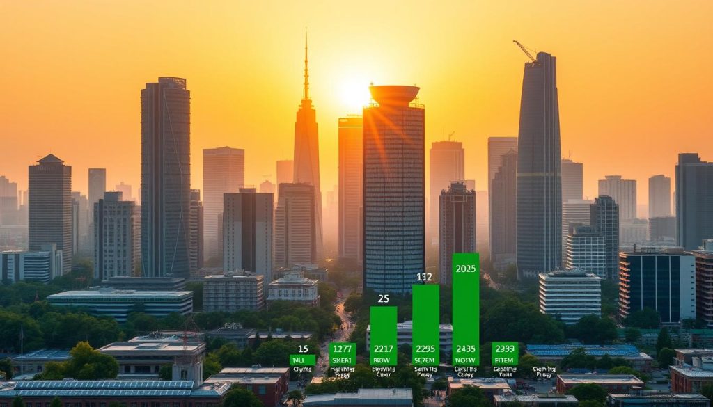 A cityscape illuminated by a warm, golden sunset, showcasing a visually striking ranking of the world's most sustainable cities in 2025. Towering skyscrapers made of eco-friendly materials stand tall, surrounded by lush green spaces, solar panels, and clean energy infrastructure. In the foreground, a sleek, minimalist infographic displays the rankings in a clear, data-driven manner, using a clean typography and a color palette that complements the urban setting. The image conveys a sense of progress, innovation, and a commitment to a sustainable future, inviting the viewer to explore the details of this global ranking.