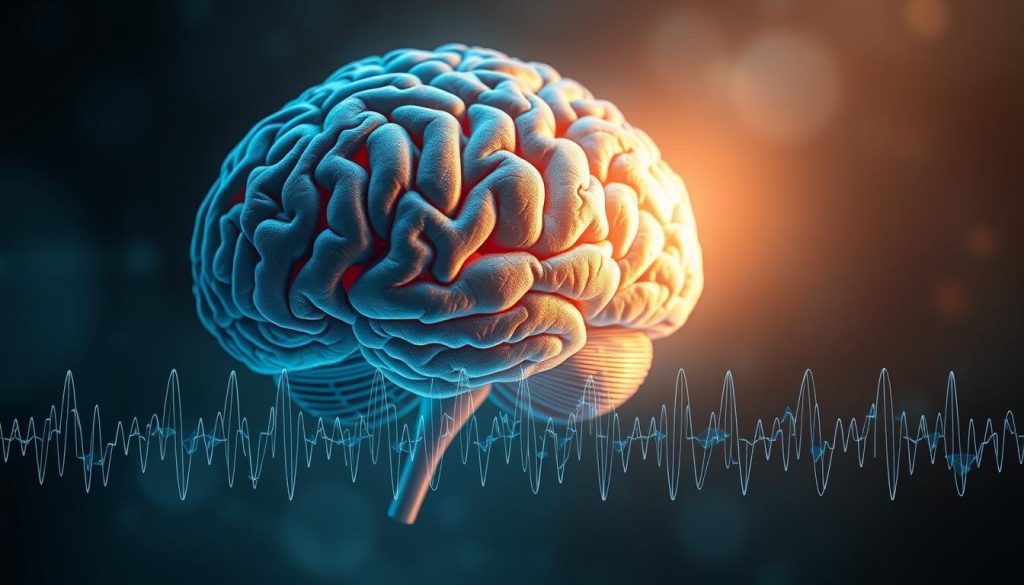A detailed cerebral cortex, intricately layered with neural pathways, sets the stage. Soft, diffused lighting illuminates the scene, casting a serene, meditative glow. In the foreground, a visually striking depiction of the distinct sleep stages unfolds - from the alpha waves of light sleep to the theta rhythms of deep slumber, each phase represented by its own unique neural network. The overall composition conveys the profound and intricate relationship between the brain's activity and the restorative power of sleep, a captivating visualization of "Neurociência do Sono".