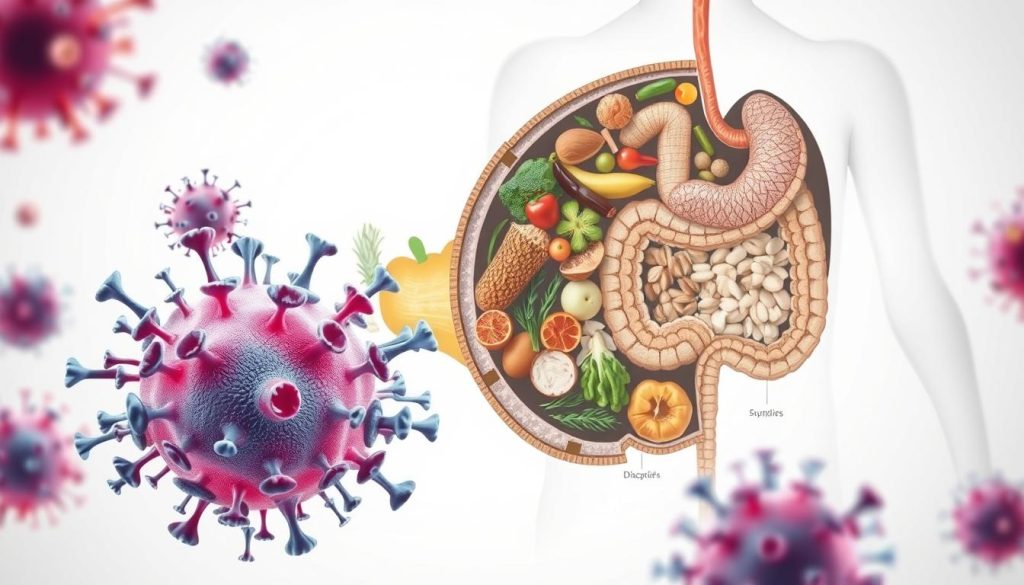 A detailed cross-section illustration depicting the intricate relationship between the human immune system and its dependence on dietary nutrients. In the foreground, an enlarged view of immune cells, such as lymphocytes and phagocytes, engaging in their defensive functions. In the middle ground, a stylized representation of various food groups - fruits, vegetables, grains, and proteins - highlighting their respective immunomodulatory compounds. In the background, a schematic of the digestive system, showcasing how nutrients from these foods are absorbed and utilized by the body to sustain and strengthen the immune system. The composition should convey a sense of harmony and balance, with a clean, scientific aesthetic enhanced by soft, directional lighting and a muted color palette.