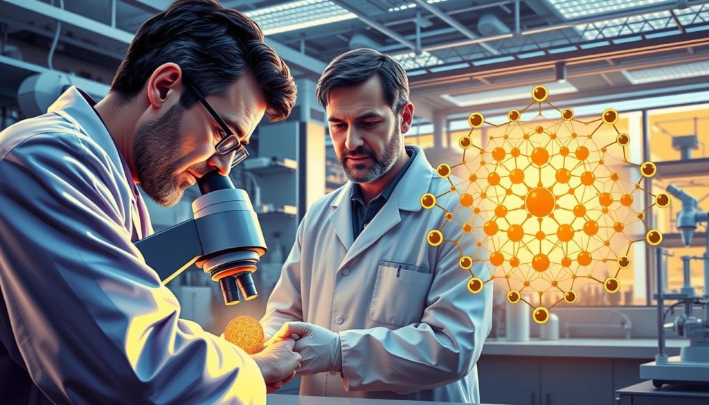 A detailed scientific illustration depicting the groundbreaking discovery of graphene by Andrei Geim and Konstantin Novoselov. In the foreground, two researchers in lab coats are meticulously examining a sample of graphene under a high-powered microscope, their expressions intense with concentration. In the middle ground, a schematic diagram illustrates the atomic structure of graphene, its hexagonal lattice of carbon atoms visible. The background showcases a state-of-the-art research laboratory, replete with advanced equipment and instrumentation, conveying the cutting-edge nature of this revolutionary discovery. The overall scene is bathed in a warm, golden light, reflecting the significance and importance of this breakthrough in modern materials science.