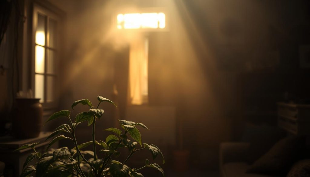 A dimly lit, cluttered indoor environment with a sense of stagnation and poor air quality. In the foreground, a dust-covered houseplant struggles to thrive, its leaves wilting. The middle ground reveals a hazy, stale atmosphere, with particles of pollutants suspended in the air, illuminated by a single shaft of warm, golden light from a nearby window. The background is obscured by a thick, brownish-gray haze, conveying a sense of confinement and an oppressive, unhealthy ambiance. The overall scene evokes a feeling of the negative impact of indoor air pollution, highlighting the need for effective air filtration solutions.