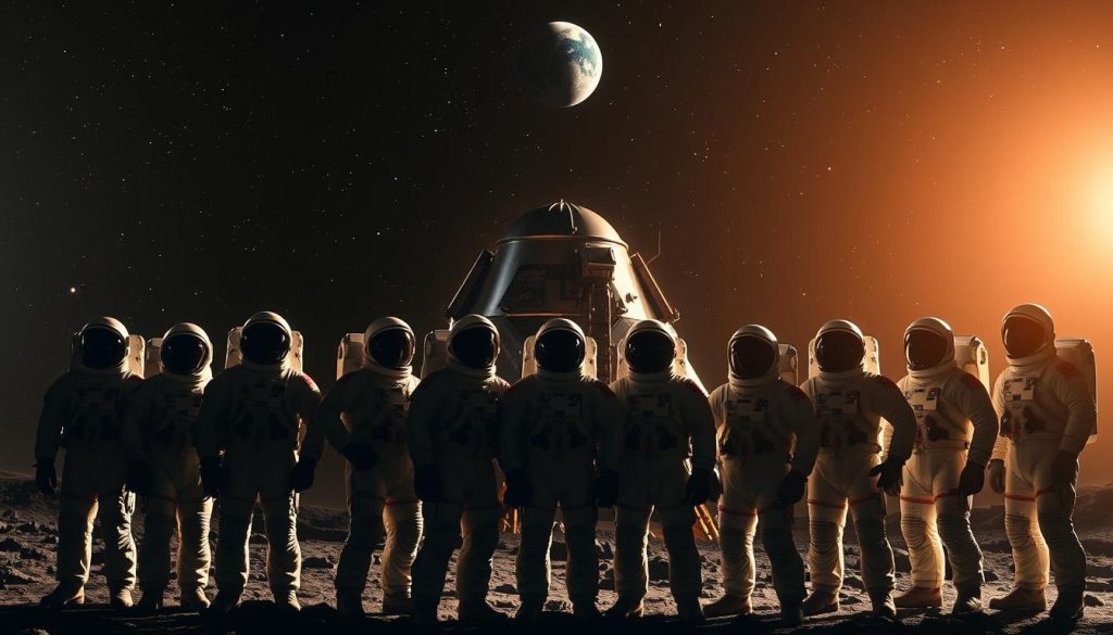 A diverse crew of Artemis II astronauts, silhouetted against a vibrant, star-filled sky. In the foreground, the astronauts stand tall, their spacesuits gleaming under the soft, directional lighting. The middle ground features the iconic lunar module, its intricate details and angular lines casting dramatic shadows. In the distant background, the Earth looms, a delicate blue marble set against the inky blackness of space. The scene conveys a sense of unity, exploration, and humanity's reach beyond the confines of our planet, capturing the historic nature of this Artemis II mission.
