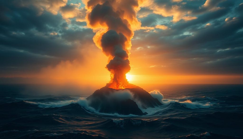 A dramatic, awe-inspiring scene of a submarine volcanic formation erupting from the depths of the Pacific Ocean. In the foreground, a towering column of smoke and steam billows upwards, casting an ominous shadow over the churning waves below. Molten lava spews forth, forming a rugged, jagged island emerging from the sea. The middle ground is shrouded in an ethereal haze, while the distant horizon is illuminated by the golden glow of the setting sun, casting a warm, fiery light across the turbulent waters. The overall atmosphere is one of raw, untamed power and the relentless forces that shape our dynamic planet.