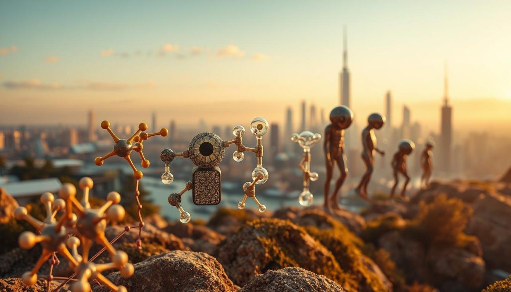 A dynamic evolution of intelligent materials, unfolding through time and innovation. In the foreground, a series of interconnected molecular structures, representing the core essence of these adaptive substances. The middle ground showcases various prototypes and experimental iterations, each showcasing unique properties and functionalities. In the background, a futuristic cityscape, hinting at the integration of these materials into everyday life and urban environments. Warm lighting casts a sense of progress and optimism, while the composition conveys a harmonious balance between the natural and technological realms. An aura of discovery and scientific breakthrough permeates the scene, inviting the viewer to explore the rich history of intelligent material development.