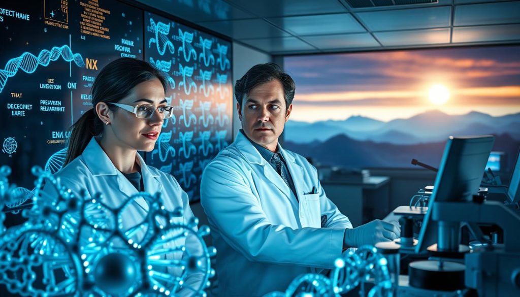 A genetic research laboratory, with scientists analyzing DNA sequences projected on futuristic screens. The foreground shows intricate molecular models and scientific instruments, conveying the complexity of rare disease research. The middle ground features researchers in lab coats deeply engaged in their work, their expressions determined. The background depicts an ethereal, otherworldly landscape hinting at the far-reaching potential of these genetic breakthroughs. Dramatic lighting casts dramatic shadows, creating a sense of scientific discovery and hope for treating rare diseases.