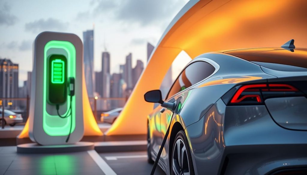 A high-tech electric vehicle charging station, bathed in a warm, futuristic glow. In the foreground, a sleek, modern electric car is connected to a rapid charging port, its battery indicator rapidly filling up. The middle ground features a clean, minimalist architectural design with smooth, curved surfaces and subtle lighting. The background showcases a cityscape of towering skyscrapers, hinting at a bustling, technologically advanced urban landscape. The scene conveys a sense of efficiency, innovation, and the near-future of electric vehicle charging, with the car's rapid battery replenishment at the center of the composition.