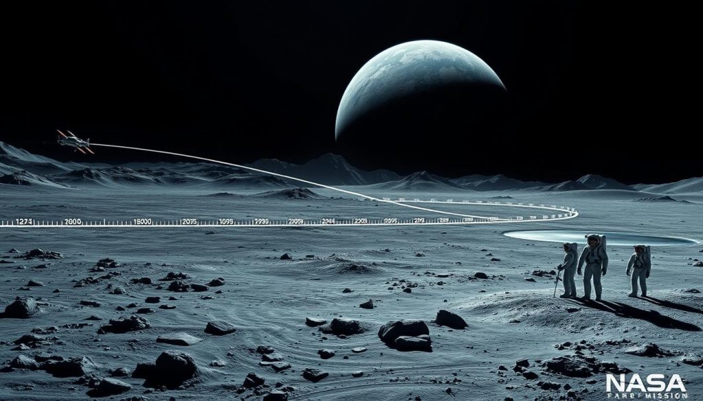 A highly detailed, cinematic rendering of the Artemis Moon mission timeline, depicted in a realistic, technical style. The foreground showcases the key milestones and mission phases, with sleek, futuristic spacecraft and astronauts in their advanced spacesuits. The middle ground features the lunar surface, with its cratered terrain and towering mountains. The background is a panoramic view of the Earth, partially obscured by the Moon's horizon, conveying a sense of scale and the mission's global significance. Crisp lighting, sharp focus, and a cool, muted color palette create a professional, authoritative atmosphere, reflecting the rigor and ambition of NASA's return to the lunar surface.