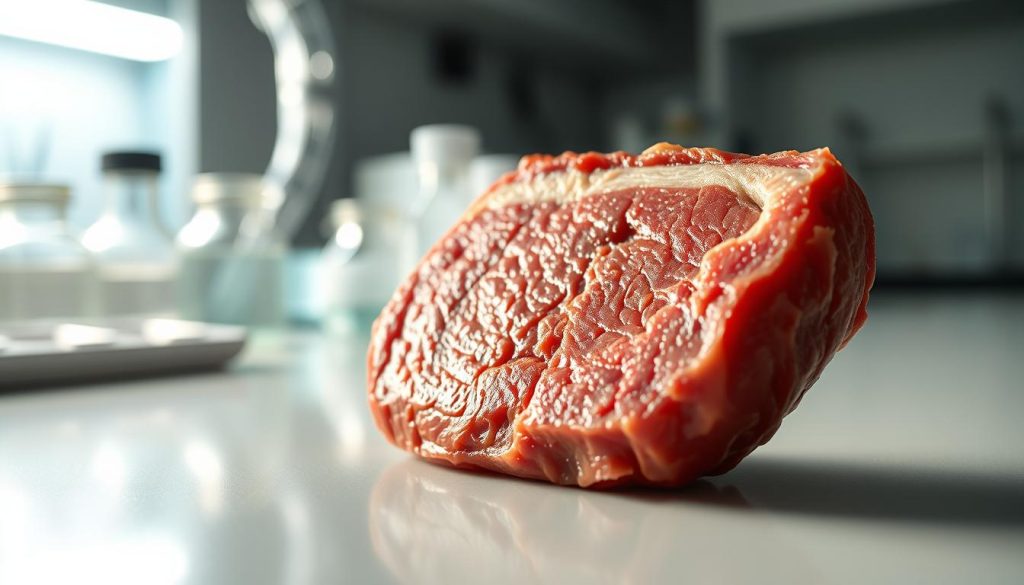 A laboratory-grown meat slice, juicy and glistening, resting on a clean, modern laboratory counter. The meat appears fibrous and textured, conveying its natural origins. Soft, indirect lighting illuminates the sample, casting subtle shadows and highlighting its unique cellular structure. In the background, blurred scientific equipment and glassware suggest the advanced technology used to cultivate this sustainable protein source. An atmosphere of innovation and scientific progress pervades the scene, hinting at the future of food production.