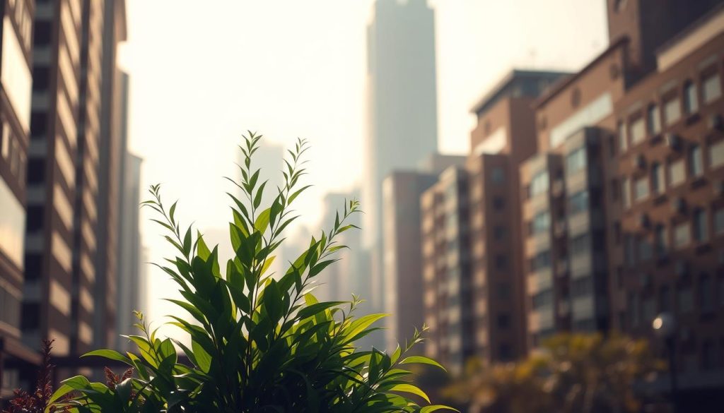 A lush, air-purifying plant nestled in an urban environment, its vibrant green foliage contrasting against the muted tones of the city landscape. The plant stands tall, its leaves gently swaying in a soft breeze, its natural air-filtering capabilities on full display. The scene is bathed in warm, natural lighting, casting a peaceful, serene atmosphere. In the background, the silhouettes of high-rise buildings and the hazy skyline create a sense of context, highlighting the plant's role in cleansing the air within this densely populated setting. The composition is balanced, with the plant occupying the central focus, surrounded by a well-thought-out arrangement of architectural elements and urban details that complement its presence.