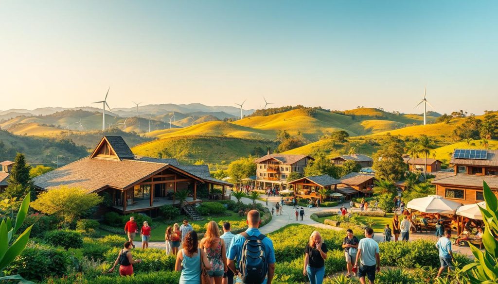 A lush and vibrant landscape showcasing the evolution of sustainable tourism across the world. In the foreground, a diverse group of travelers explores a thriving eco-lodge, surrounded by verdant flora and fauna. The middle ground features a bustling town square, where local artisans display their sustainable crafts and produce. In the background, rolling hills dotted with wind turbines and solar panels provide clean, renewable energy to power the sustainable infrastructure. The scene is bathed in warm, golden light, capturing the spirit of harmony between nature and modern, eco-friendly development. The overall mood is one of progress, innovation, and a deep respect for the environment.