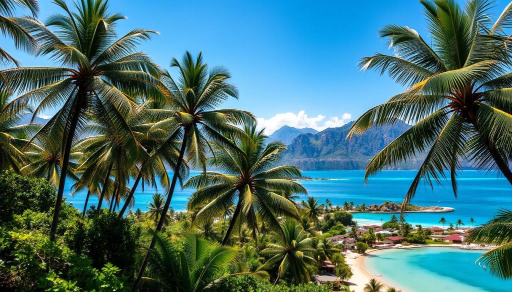 A lush, sun-drenched tropical landscape with vibrant foliage and crystal-clear turquoise waters. Towering palm trees sway gently in the breeze, their fronds casting intricate shadows on the sandy beach below. In the distance, rugged mountains rise up, their peaks wrapped in a thin veil of mist. Tiny villages dot the coastline, their colorful houses and narrow streets a testament to the rich cultural heritage of the region. The scene exudes a sense of tranquility and adventure, inviting the viewer to discover the hidden gems of this enchanting destination.