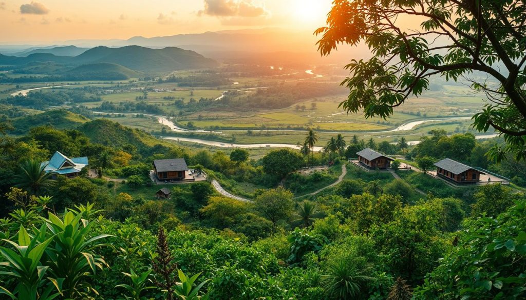 A lush, verdant landscape showcasing the evolution of sustainable tourism over time. In the foreground, a serene, natural setting with indigenous flora and fauna, symbolizing the pristine environments that sustainable practices aim to preserve. In the middle ground, modern eco-lodges and sustainable infrastructure blend seamlessly with the natural surroundings, highlighting the harmonious integration of human activity and environmental conservation. The background features a panoramic view of the landscape, with rolling hills, winding rivers, and a bright, warm sky illuminating the scene. The lighting is soft and natural, capturing the tranquil, earthy atmosphere. The perspective is slightly elevated, providing a sweeping vista that conveys the scale and scope of sustainable tourism's progression.