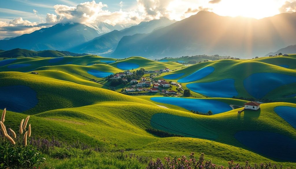 A lush, verdant landscape stretches across the frame, dotted with vibrant blue regions. In the foreground, rolling hills covered in emerald grass and fragrant wildflowers create a serene, pastoral atmosphere. The middle ground reveals clusters of quaint, whitewashed buildings, their roofs adorned with terracotta tiles, nestled amidst the azure zones. Towering mountains rise in the distance, their peaks capped with pristine snow, casting long shadows across the tranquil scene. Warm, golden sunlight filters through wispy clouds, illuminating the rich, saturated colors and casting a soft, glowing ambiance over the entire composition. An air of timelessness and longevity permeates the image, reflecting the unique characteristics of the "Blue Zones" and their role in supporting exceptional human lifespan.
