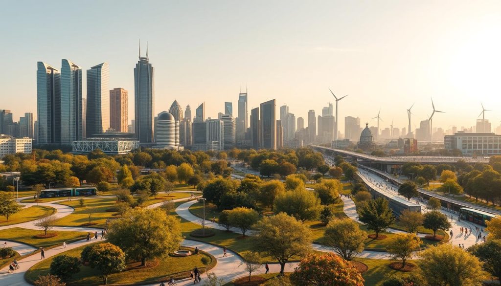 A modern city skyline bathed in warm, golden light, showcasing a harmonious blend of urban architecture and lush greenery. In the foreground, a sprawling public park with winding paths, flourishing trees, and people engaged in various eco-friendly activities like cycling, walking, and picnicking. The middle ground features a network of innovative public transportation options, including electric buses and trams, as well as bike-sharing stations. In the background, towering skyscrapers with solar panels and wind turbines adorn the skyline, demonstrating the city's commitment to renewable energy and sustainable development. The overall scene conveys a sense of balance, progress, and a deep respect for the environment, embodying the essence of urban sustainability.