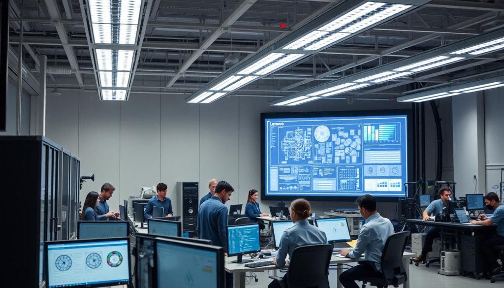 A modern technology laboratory, bathed in soft, diffused lighting from overhead fixtures. In the foreground, a team of engineers gathered around a sleek, state-of-the-art workstation, deeply engrossed in their collaborative efforts. The middle ground features a large display showcasing intricate schematics and data visualizations, hinting at the complex technological advancements being developed. In the background, an array of cutting-edge equipment and prototypes hint at the innovative nature of the Lenovo CESAR collaboration. The overall atmosphere is one of focused creativity, technological sophistication, and a shared dedication to pushing the boundaries of what's possible.