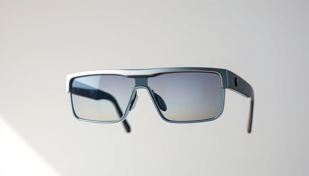 A pair of sleek, futuristic mixed reality glasses, suspended in a well-lit, minimalist setting. The lenses are tinted with a subtle gradient, reflecting the digital world that lies within. The frame is crafted from a lightweight, metallic alloy, giving it a modern, high-tech aesthetic. The glasses are positioned in the center of the frame, with a clean, uncluttered background that allows the device to take center stage. The lighting is soft and directional, creating a sense of depth and dimension, while highlighting the intricate details of the design. The overall mood is one of sophistication and innovation, capturing the promise of a seamless integration between the physical and digital realms.