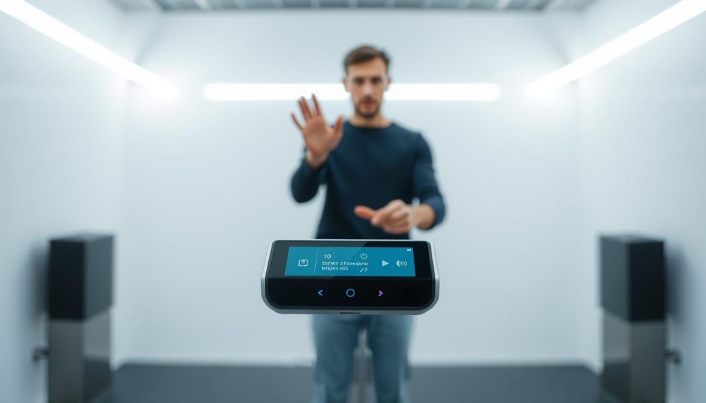 A real-time sign language translation device, capturing the seamless flow of gestures and motions. In the foreground, a sleek, modern handheld device with a high-resolution camera and touchscreen interface. Subtle LED indicators signal the device's active state. The middle ground showcases a person's hands signing fluently, their movements precisely captured and translated to text or audio output. The background features a minimalist, futuristic setting with clean lines and soft, diffused lighting, emphasizing the technological innovation. The overall scene conveys a sense of effortless, real-time communication, bridging the gap between the deaf/hard-of-hearing community and the broader public.