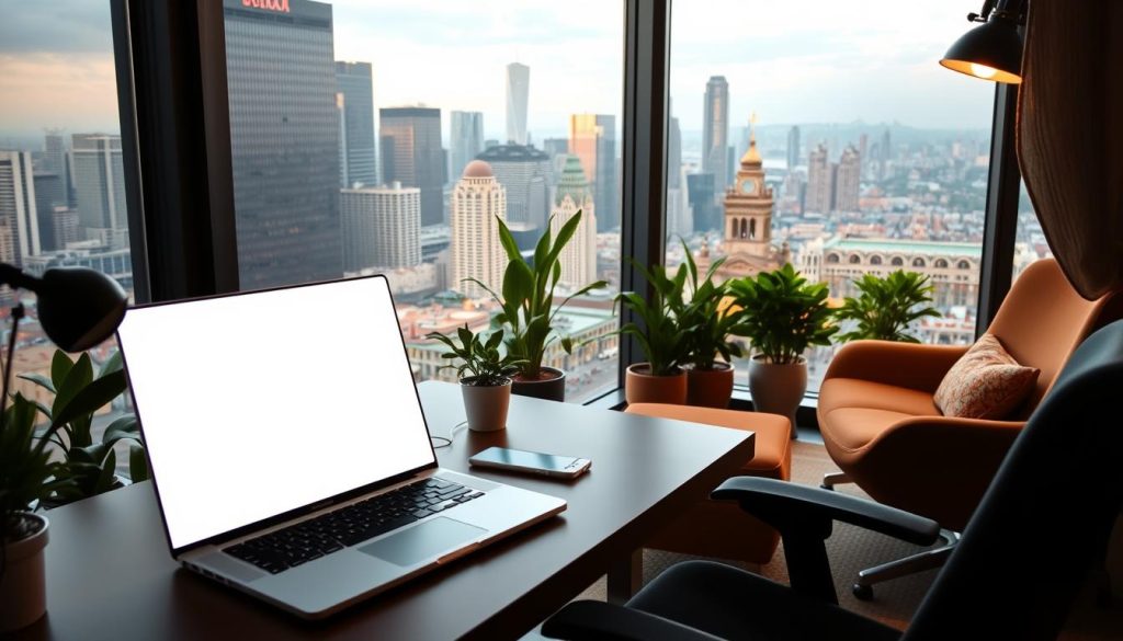 A remote international workspace in a cozy and inspiring setting. In the foreground, a desk with a laptop, smartphone, and minimalist office supplies set against a large window overlooking a bustling city skyline. The middle ground features comfortable ergonomic furniture and lush potted plants, creating a serene and productive environment. The background showcases the diversity of the cityscape, with towering skyscrapers, historic architecture, and the glow of sunset lighting casting a warm, ambient glow. The overall atmosphere conveys a sense of global connectedness, flexibility, and work-life balance achievable through remote international employment.