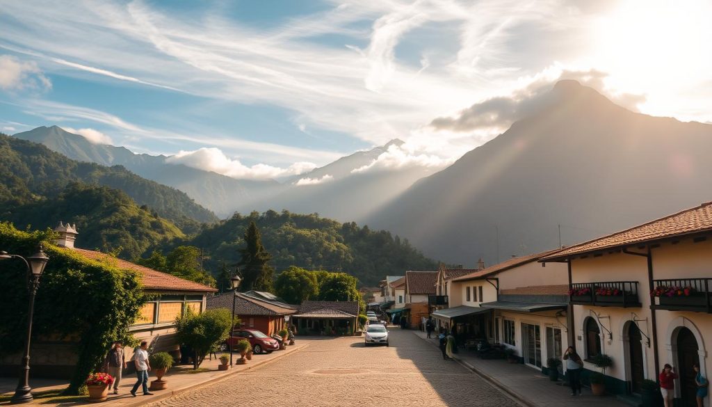 A scenic mountain town nestled in the heart of the Serra Catarinense, Urubici, Santa Catarina. Majestic peaks of the Aparados da Serra National Park rise in the background, their slopes blanketed in lush, verdant forests. In the foreground, a quaint town square bustles with locals and visitors, its cobblestone streets lined with charming colonial-style buildings adorned with colorful flower boxes. The warm, golden light of the sun filters through wispy clouds, casting a cozy, inviting glow over the entire scene. A sense of tranquility and welcoming embrace envelops the viewer, transporting them to this serene, picturesque corner of Brazil.