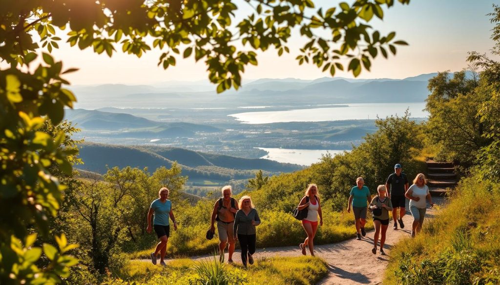 A scenic, peaceful hiking trail winding through lush, verdant foliage. In the foreground, a group of people of various ages and fitness levels casually strolling, some pausing to take in the serene, natural surroundings. The middle ground features a picturesque vista of rolling hills and distant mountains, bathed in warm, golden afternoon sunlight. The background depicts a tranquil, sparkling river or lake, its calm waters reflecting the vibrant colors of the landscape. The overall mood is one of health, wellness, and the restorative power of daily outdoor exercise.