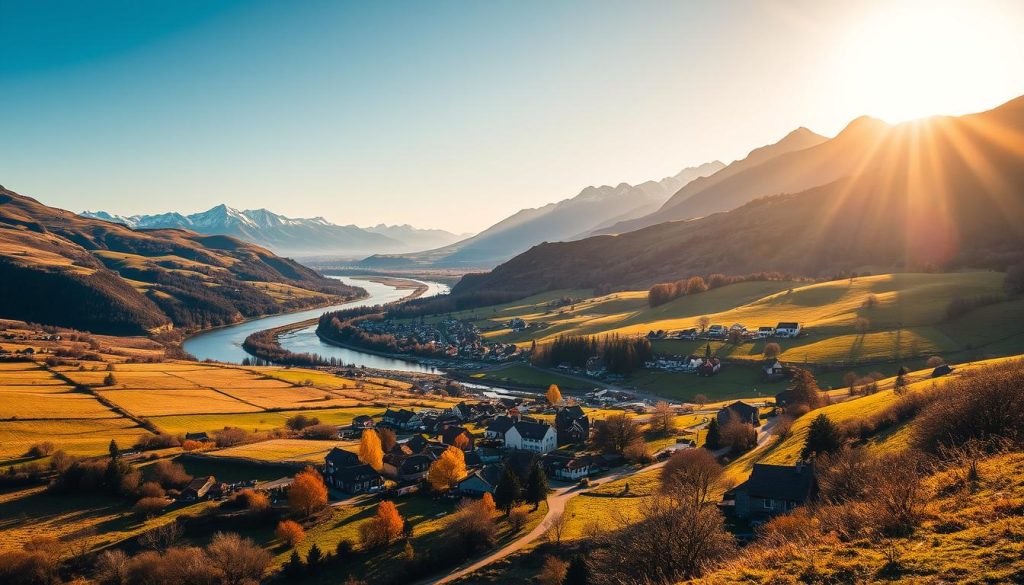 A serene and picturesque landscape, bathed in warm, golden sunlight. In the foreground, a quaint village nestled amidst rolling hills and lush, verdant meadows, its charming houses and cobblestone streets conveying a sense of timeless tranquility. In the middle ground, a winding river meanders through the countryside, its gentle current reflecting the azure sky above. In the distance, rugged, snow-capped peaks rise majestically, their imposing presence evoking a sense of adventurous exploration. The scene is imbued with an air of solitude and undiscovered wonder, inviting the viewer to venture off the beaten path and discover the hidden gems of this alternative, less-traveled destination.