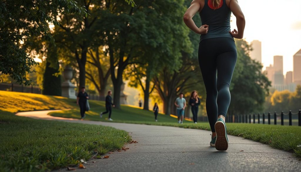 A serene city park scene with a paved trail winding through lush greenery. The foreground shows a person in athletic wear, confidently striding forward, their steps measured and purposeful. The middle ground features other pedestrians, some walking alone, others in pairs, all maintaining a steady pace. In the background, the silhouettes of skyscrapers and trees create a harmonious contrast, bathed in warm, golden light filtering through the clouds. The overall atmosphere conveys a sense of health, progress, and the rewarding feeling of achieving one's daily step goal.