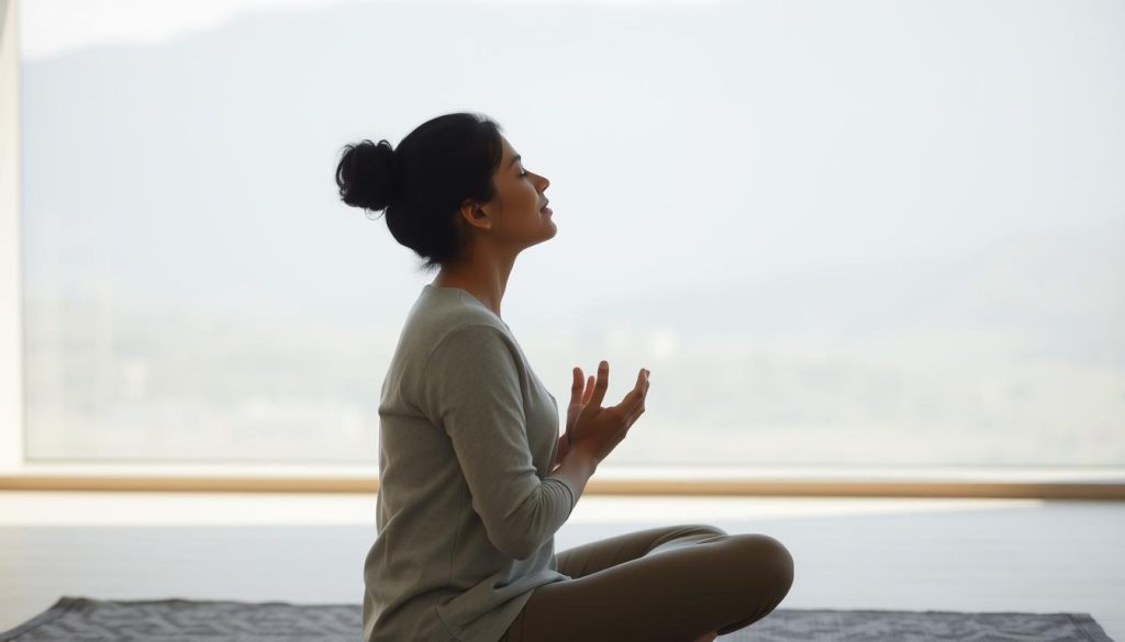 A serene, contemplative scene of a person practicing deep, mindful breathing to alleviate anxiety. In the foreground, the figure sits cross-legged, their eyes closed and expression calm, their hands resting gently on their lap. Soft, diffused light illuminates the scene, creating a sense of tranquility. In the middle ground, a minimalist, zen-inspired environment with clean lines and muted colors provides a soothing backdrop. The background features a hazy, blurred landscape, suggesting the person's focus is inward, disconnected from external distractions. The overall mood is one of inner peace, balance, and the restorative power of conscious breathing.