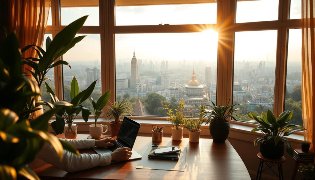 A serene home office overlooking a picturesque cityscape, bathed in warm, golden sunlight streaming through large windows. In the foreground, a remote worker enjoys the freedom and flexibility of their global career, laptop open on a minimalist wooden desk complemented by lush indoor plants. The middle ground reveals a bustling urban landscape, skyscrapers and lush greenery in harmonious balance. In the distance, the horizon is dotted with iconic landmarks, hinting at the cultural richness of the foreign locale. The overall atmosphere conveys a sense of tranquility, productivity, and the boundless possibilities that come with remote work abroad.