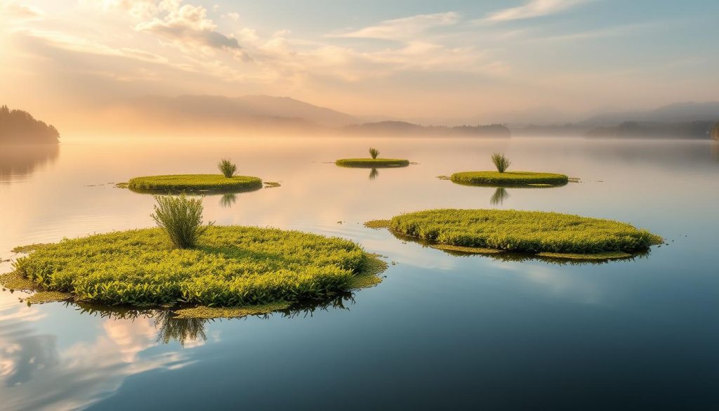 A serene lake in a lush, verdant European countryside, with floating islands gently drifting across the calm, reflective waters. The islands are covered in vibrant green vegetation, purifying the lake's surface and creating a harmonious, natural aesthetic. Warm, golden sunlight filters through wispy clouds, casting a soft, ambient glow over the scene. The camera captures this tranquil landscape from a mid-level angle, showcasing the delicate balance between the floating islands and the tranquil lake, conveying a sense of environmental harmony and restoration.
