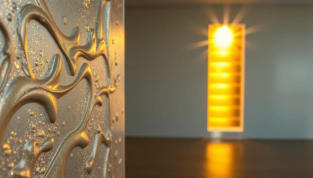 A solar-powered painting that transforms walls into miniature photovoltaic arrays. In the foreground, the viscous liquid paint appears textured, with shimmering metallic flecks that catch the light. The middle ground reveals the paint applied to a smooth, modern wall, its surface subtly undulating to reflect the solar cells embedded within. In the background, a warm, golden glow radiates, simulating the efficient conversion of sunlight into renewable electrical energy. The scene is illuminated by a soft, diffused light, emphasizing the technological elegance and practical functionality of this innovative solar tint.