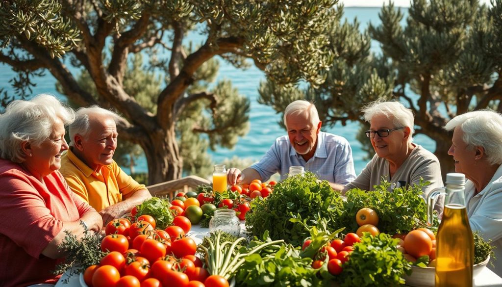 A sun-dappled scene of the Mediterranean coastline, featuring a verdant grove of olive trees, their gnarled trunks and twisted branches framing a tranquil blue-green sea. In the foreground, a bountiful table laden with a feast of fresh produce - ripe tomatoes, crisp greens, fragrant herbs, and a drizzle of golden olive oil. Older adults, their faces weathered yet radiant, sit together, engaged in lively conversation, savoring the simple, wholesome flavors of this timeless dietary tradition. The warm, diffused lighting casts a glow of health and longevity, hinting at the restorative power of this Mediterranean lifestyle.