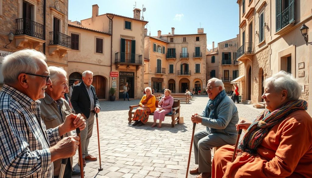 A sun-drenched piazza in a quaint Sardinian village, where centenarian Italians gather, their faces etched with the wisdom of a lifetime. In the foreground, weathered hands clasp canes as elderly men converse animatedly, their laughter echoing through the cobblestone streets. In the middle ground, women in traditional Sardinian attire sit on benches, their vibrant dresses and scarves adding pops of color to the scene. In the background, the warm Mediterranean light bathes ancient stone buildings, their façades adorned with intricate carvings and wrought-iron balconies. An atmosphere of timeless tranquility and resilience pervades the frame, capturing the essence of Sardinia's legendary centenarians.