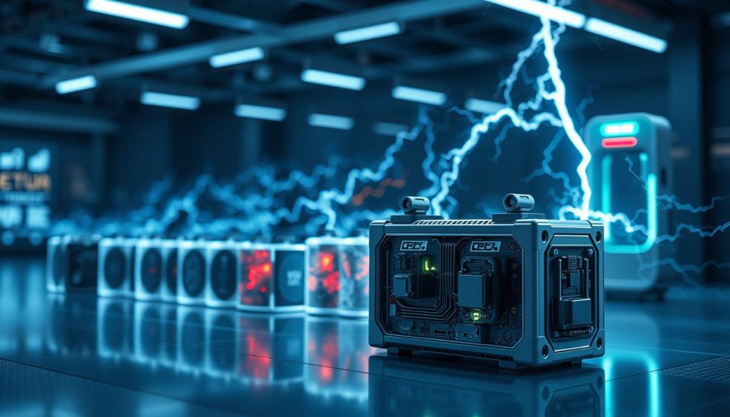 A technologically advanced, seamless evolution of electric vehicle batteries. In the foreground, a sleek, futuristic battery pack with intricate circuitry and cooling systems. The middle ground showcases a timeline of battery advancements, from early lead-acid to cutting-edge lithium-ion and solid-state designs. In the background, a dynamic visualization of charging speed improvements, with lightning-fast charge times represented by vibrant electrical discharges. The scene is bathed in a cool, metallic color palette, reflecting the precision and efficiency of the latest battery technologies. Detailed, high-resolution, cinematic lighting and camera angles convey a sense of scientific progress and innovation.