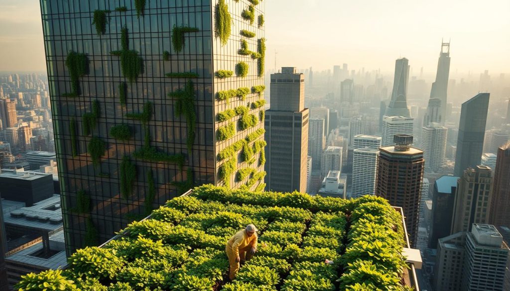 A towering high-rise building in Tokyo, its sleek glass facade reflecting the city skyline. On the rooftop, a lush vertical farm thrives, rows of leafy greens and vibrant produce cascading down the building's sides. The scene is bathed in warm, natural light, creating a serene, futuristic atmosphere. In the foreground, workers tend to the plants, their movements captured in a cinematic, medium-wide shot. The background reveals the bustling metropolis, a testament to Japan's innovative approach to urban agriculture. The image conveys the evolution of vertical farming, a sustainable solution to feeding the densely populated cities of the future.
