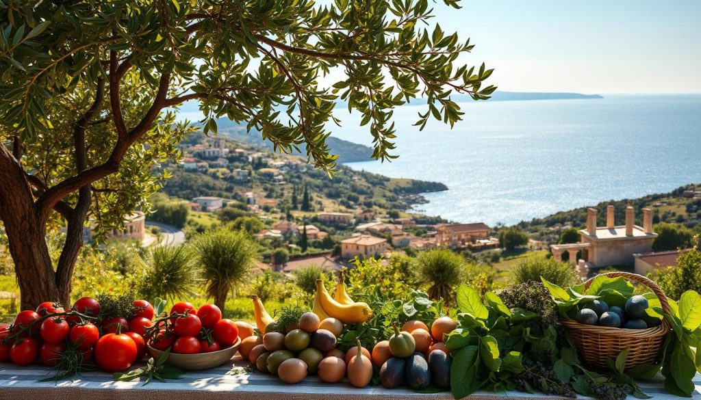 A tranquil Mediterranean landscape, sun-drenched and verdant, with lush olive groves, grapevines, and terracotta-roofed villages nestled among rolling hills. In the foreground, a bountiful table laden with freshly harvested produce - tomatoes, olives, figs, and leafy greens. In the background, a shimmering azure sea and a distant horizon dotted with the silhouettes of ancient ruins, hinting at the rich history and cultural traditions that have shaped the Mediterranean diet over centuries. The scene is bathed in a warm, golden light, conveying a sense of timelessness and the enduring appeal of this healthy, sustainable way of eating.