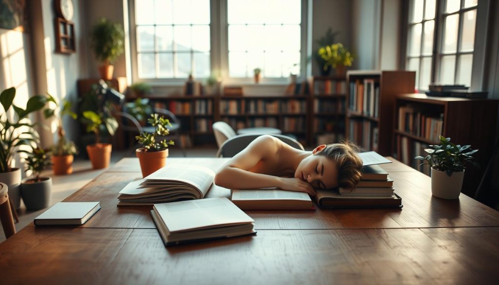 A tranquil study space, illuminated by soft, natural light filtering through large windows. In the foreground, a wooden desk adorned with a sleeping figure, their head resting peacefully on open notebooks and papers. Surrounding the desk, potted plants and a cozy reading nook, suggesting a serene environment conducive to both rest and creative exploration. The middle ground features bookshelves, their spines hinting at the wealth of knowledge and inspiration within. In the background, a muted color palette of earthy tones, creating a calming, introspective atmosphere. The overall scene conveys the symbiotic relationship between sleep and the creative process, inviting the viewer to ponder the impact of rest on the mind's ability to innovate and discover.