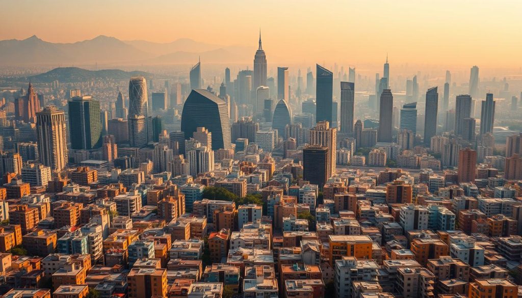 A vast and diverse cityscape, illuminated by a warm, golden glow. In the foreground, a sprawling array of unique, high-density residential buildings, each with its own distinct architectural style. The middle ground showcases a mix of modern skyscrapers and historical structures, all blending seamlessly. In the background, a hazy, mountainous horizon, hinting at the natural landscapes that surround the urban environment. The scene exudes a sense of global connectivity, where the challenges of housing and infrastructure are being addressed through innovative, sustainable design. Crisp, cinematic lighting and a balanced, wide-angle composition bring this vision of the future of global housing to life.