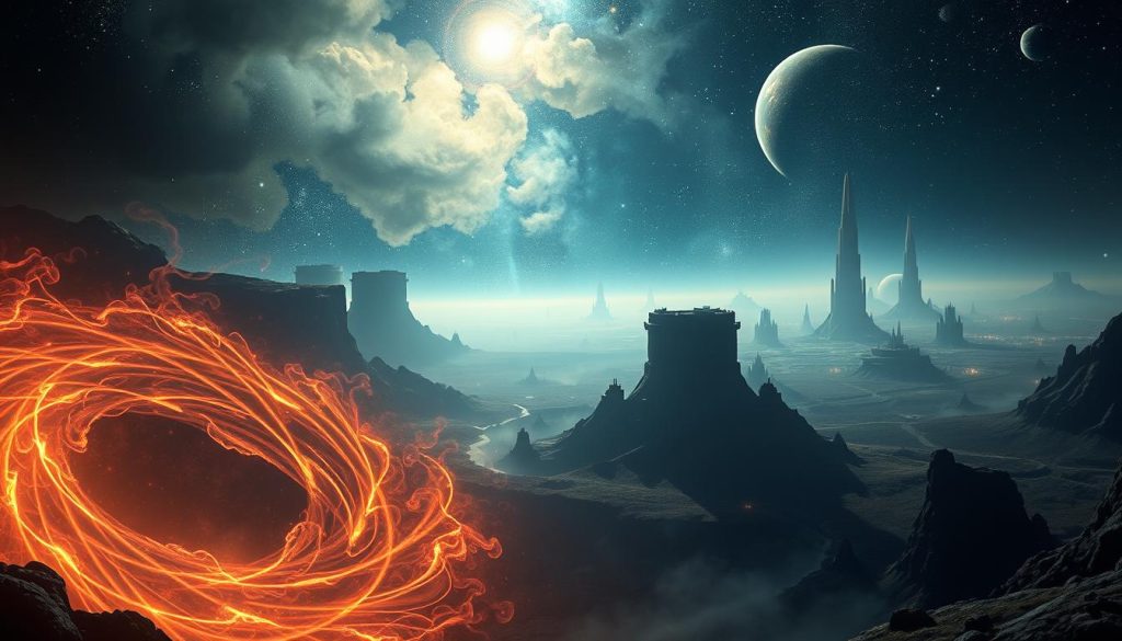 A vast and mysterious cosmos unfolds, filled with unexplored scientific wonders. In the foreground, a swirling vortex of energy and light, hinting at the hidden forces that govern our universe. Shadowy silhouettes of ancient artifacts and enigmatic structures loom in the middle ground, their purpose and origin cloaked in secrecy. Stretching into the distant horizon, a sprawling landscape of towering, alien structures and shimmering anomalies, beckoning the curious mind to unravel their elusive secrets. The scene is bathed in a ethereal, otherworldly glow, evoking a sense of awe and wonder at the boundless mysteries that still lie undiscovered in the natural world.