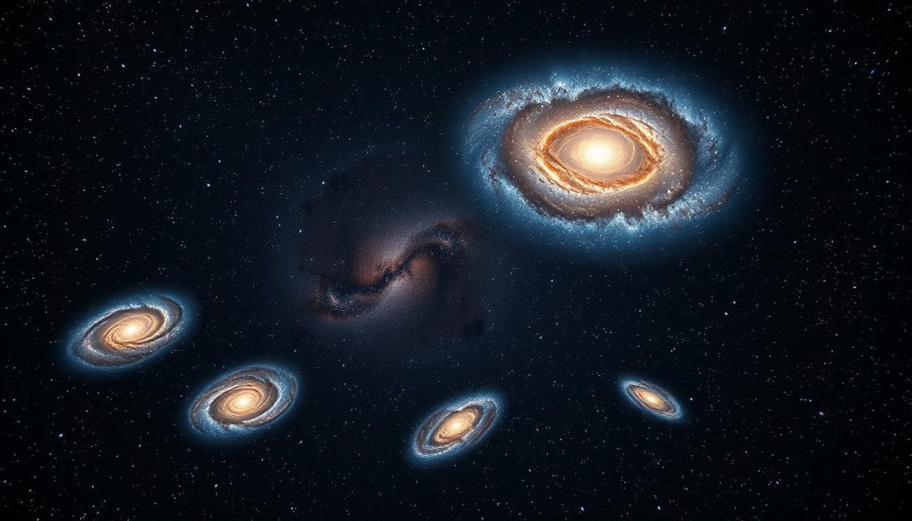 A vast expanse of the cosmos, captured in stunning detail by a cutting-edge telescope. Towering galaxies, their spiraling arms and shimmering centers rendered with breathtaking clarity. The background is a tapestry of stars, their twinkling light painting the blackness of space. In the foreground, a cluster of distant galaxies, their shapes and structures meticulously defined, offering a glimpse into the mysteries of the universe. The lighting is crisp and evocative, casting shadows and highlights that accentuate the depth and scale of the scene. The composition is balanced and harmonious, guiding the viewer's eye through the intricate celestial dance. This image captures the awe-inspiring power of the new telescope, revealing the hidden wonders of the galactic realm. Prompt