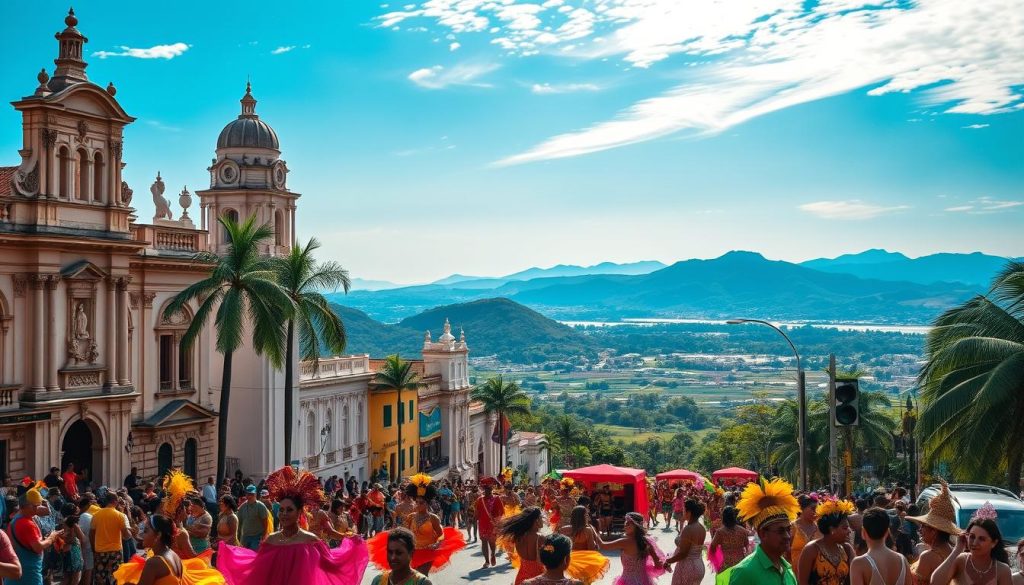 A vibrant celebration of Brazilian cultural identity unfolds in a striking vista. In the foreground, a lively carnival parade bursts with color and energy, costumed performers twirling and dancing to the rhythmic beats of samba music. The middle ground features iconic architectural elements, such as the ornate facades of colonial buildings and the graceful silhouettes of palm trees, evoking the rich heritage of Brazilian cityscapes. In the background, a serene tropical landscape stretches out, with verdant hills and a shimmering azure sky that captures the warmth and natural beauty of the country. Soft, diffused lighting casts a warm, celebratory glow over the entire scene, conveying the deep significance and pride associated with Brazil's cherished cultural traditions.