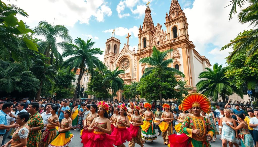 A vibrant outdoor scene of religious celebrations in Brazil, captured with a wide-angle lens. In the foreground, a colorful procession of costumed dancers and musicians, their movements fluid and energetic. Towering behind them, the intricate facades of historic churches and cathedrals, their ornate architecture bathed in warm, golden light. In the middle ground, crowds of worshippers and onlookers, their expressions a mix of reverence and joyful participation. The background is filled with lush, verdant foliage, creating a sense of tropical abundance. The overall atmosphere is one of spirited devotion, cultural richness, and a deep connection to timeless traditions.