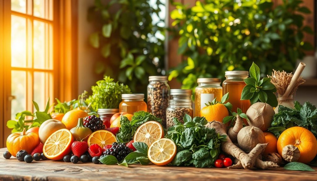 A vibrant still life of natural immunity-boosting foods, lit by warm, golden sunlight streaming through a large window. In the foreground, an assortment of fresh fruits and vegetables - citrus, berries, leafy greens, and roots - carefully arranged on a rustic wooden table. In the middle ground, jars of honey, nuts, and herbal supplements stand out against a backdrop of lush, green foliage. The overall scene conveys a sense of health, vitality, and the abundance of nature's immune-strengthening bounty. The image is captured with a wide-angle lens, creating a sense of depth and emphasizing the harmony between the different elements.