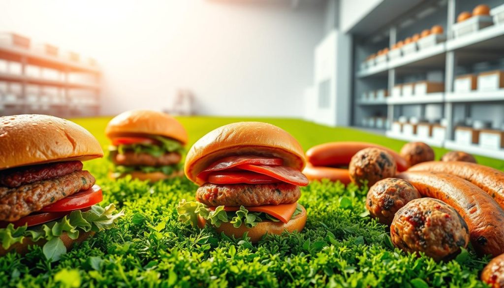 A vibrant, visually striking image showcasing sustainable meat alternatives. In the foreground, an array of plant-based burgers, sausages, and meatballs, each meticulously crafted to mimic the texture and appearance of traditional animal-based proteins. The middle ground features a lush, verdant field, suggesting the eco-friendly production methods used to create these sustainable options. In the background, a modern, minimalist laboratory setting, hinting at the cutting-edge technology and innovation driving the development of these alternatives. Warm, natural lighting illuminates the scene, evoking a sense of health, vitality, and environmental responsibility. The overall composition conveys the idea of a future where sustainable meat alternatives are not only viable but desirable, highlighting their potential to address the pressing issues facing traditional animal agriculture.